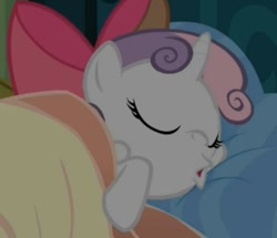 Size: 840x724 | Tagged: safe, screencap, sweetie belle, somepony to watch over me, apple bloom's bow, bed, sleeping, solo