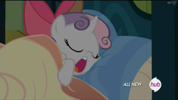 Size: 1920x1080 | Tagged: safe, screencap, sweetie belle, somepony to watch over me, apple bloom's bow, bed, bow, hub logo, sleeping, solo