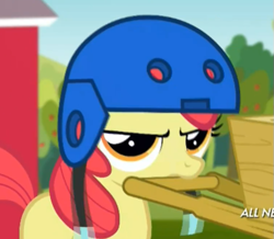 Size: 535x466 | Tagged: safe, screencap, apple bloom, somepony to watch over me, annoyed, helmet, solo