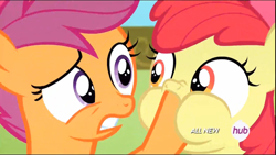 Size: 1920x1080 | Tagged: safe, screencap, apple bloom, scootaloo, somepony to watch over me, hoof in mouth, hub logo, no time for a song