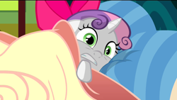 Size: 1920x1080 | Tagged: safe, screencap, sweetie belle, somepony to watch over me, bed, blanket, scared, solo, sweetie belle's nightmare