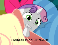 Size: 1404x1073 | Tagged: safe, screencap, sweetie belle, somepony to watch over me, image macro, meme, nightmare, solo, sweetie belle's nightmare