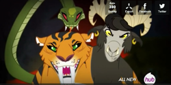 Size: 617x309 | Tagged: safe, screencap, chimera sisters, chimera, somepony to watch over me, hub logo, multiple heads, three heads