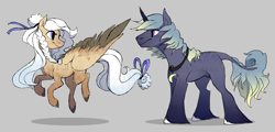 Size: 2631x1261 | Tagged: safe, artist:sutexii, oc, oc only, classical unicorn, pegasus, pony, unicorn, braid, female, flying, leonine tail, male, mare, necklace, ribbon, stallion, unshorn fetlocks