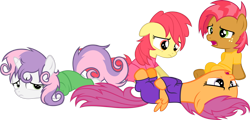 Size: 2980x1430 | Tagged: safe, artist:zacatron94, apple bloom, babs seed, scootaloo, sweetie belle, bed mane, clothes, cutie mark crusaders, messy mane, morning ponies, pajamas, simple background, transparent background, vector