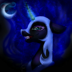 Size: 2000x2000 | Tagged: safe, artist:saoiirse, nightmare moon, bust, eyelashes, fangs, painting, portrait, solo