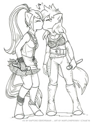 Size: 819x1100 | Tagged: safe, artist:kaemantis, sonata dusk, oc, anthro, canon x oc, female, kissing, lesbian, microphone, monochrome, shipping