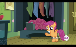 Size: 1680x1050 | Tagged: safe, screencap, scootaloo, somepony to watch over me, apple bloom's bow, bow, closet, hub logo, solo