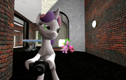 Size: 1600x1024 | Tagged: safe, artist:viranimation, spike, sweetie belle, thunderlane, dragon, pony, unicorn, 3d, camera, donaut weights, donauts, female, filly, gmod, gym, male, spying, stalking, stallion, weight lifting