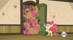 Size: 1264x700 | Tagged: safe, screencap, apple bloom, earth pony, pony, somepony to watch over me, apple bloom's bow, applejack's hat, bow, closet, cowboy hat, female, filly, foal, hat, hat and bow closet, hub logo, solo