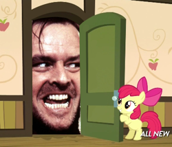 Size: 425x363 | Tagged: safe, apple bloom, somepony to watch over me, apple closet, door, exploitable meme, here's johnny, jack torrance, meme, the shining