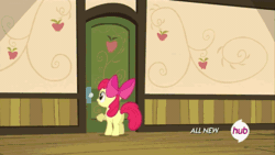 Size: 576x324 | Tagged: safe, screencap, apple bloom, earth pony, pony, somepony to watch over me, animated, apple bloom's bow, applejack's hat, bow, closet, cowboy hat, door, female, filly, foal, hat, hat and bow closet, hub logo, hubble, pile, solo, the hub