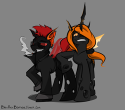 Size: 1280x1126 | Tagged: safe, artist:bbsartboutique, oc, oc only, changeling, cigarette, clothes, grin, jacket, orange changeling, red changeling, smoking, sunglasses