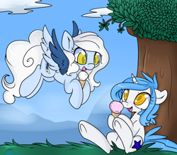 Size: 3200x2785 | Tagged: safe, artist:lustrous-dreams, oc, oc only, pegasus, pony, unicorn, food, ice cream, tree