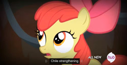 Size: 1358x696 | Tagged: safe, screencap, apple bloom, somepony to watch over me, chile, hub logo, meme, solo, youtube caption