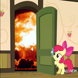 Size: 400x400 | Tagged: safe, apple bloom, somepony to watch over me, apple closet, door, exploitable meme, explosion, meme, solo