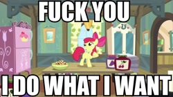 Size: 960x539 | Tagged: safe, edit, edited screencap, screencap, apple bloom, somepony to watch over me, caption, image macro, meme, reaction image, solo, table, vulgar