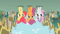 Size: 1440x810 | Tagged: safe, screencap, apple bloom, scootaloo, sweetie belle, pinkie pride, cutie mark crusaders, upside down