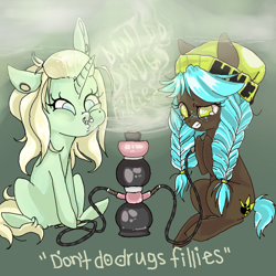 Size: 800x800 | Tagged: safe, artist:yanderedesu, oc, oc only, oc:catnip, earth pony, pony, unicorn, beanie, bong, braid, drugs, earring, freckles, gauge, gauges, hat, lemongrass, nose ring, piercing, smoke