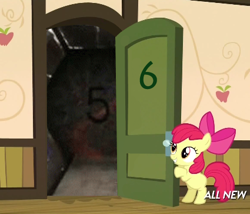 Size: 425x363 | Tagged: safe, apple bloom, somepony to watch over me, apple closet, door, meme, movie sign, mystery science theater 3000