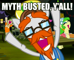 Size: 500x405 | Tagged: safe, screencap, savage honeydew, somepony to watch over me, adam savage, background pony, cajun ponies, image macro, jeff trotsworthy, meme, mythbusters