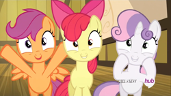 Size: 1440x810 | Tagged: safe, screencap, apple bloom, scootaloo, sweetie belle, somepony to watch over me, cutie mark crusaders, excited, happy, hub logo