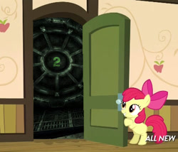 Size: 425x363 | Tagged: safe, apple bloom, fallout equestria, somepony to watch over me, apple closet, door, exploitable meme, meme, solo, vault