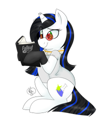 Size: 1400x1600 | Tagged: safe, artist:notenoughapples, oc, oc only, oc:crystal shard, fallout equestria, book, broken horn, clothes, glasses, lab coat, solo