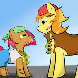 Size: 900x900 | Tagged: safe, artist:redsonne, babs seed, braeburn, earth pony, pony, bandana, bling, cap, cigarette, gangsta, hat, smoking