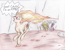 Size: 3284x2534 | Tagged: safe, artist:magnificent-arsehole, derpibooru import, fluttershy, pinkie pie, twilight sparkle, earth pony, pegasus, pony, feeling pinkie keen, fire, parody, rapidash, rapidash twilight, scene parody, traditional art