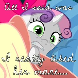 Size: 500x500 | Tagged: safe, screencap, sweetie belle, somepony to watch over me, exploitable meme, i really like her mane, image macro, meme, solo, sweetie belle's nightmare