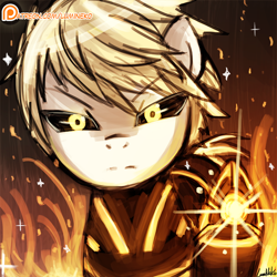 Size: 750x750 | Tagged: safe, artist:lumineko, cyborg, 30 minute art challenge, genos, glowing hooves, one punch man, patreon, patreon logo, ponified, raised hoof, solo, underhoof