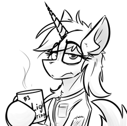 Size: 2826x2802 | Tagged: safe, artist:ralek, oc, oc only, oc:littlepip, pony, unicorn, fallout equestria, bags under eyes, black and white, coffee, coffee mug, dog lip, fanfic, fanfic art, female, food, grayscale, hooves, horn, lidded eyes, looking at you, mare, monochrome, simple background, solo, white background