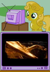 Size: 563x800 | Tagged: safe, artist:silentmatten, sweetie belle, exploitable meme, gold, meme, molten, obligatory pony, smaug the golden, sweetie gold, the desolation of smaug, the hobbit, tv meme