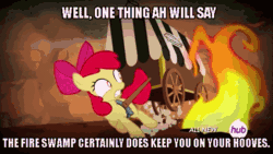 Size: 576x324 | Tagged: safe, edit, edited screencap, screencap, apple bloom, earth pony, pony, somepony to watch over me, female, filly, fire, fire swamp, flame geyser, foal, image macro, meme, the princess bride