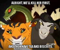 Size: 541x454 | Tagged: safe, screencap, chimera sisters, chimera, somepony to watch over me, image macro, meme, monty python, monty python and the holy grail, multiple heads, three heads