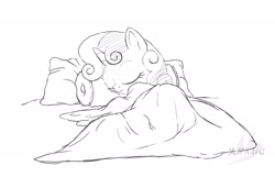 Size: 1772x1144 | Tagged: safe, artist:drake, sweetie belle, bed, blanket, monochrome, pillow, sketch, sleeping, solo