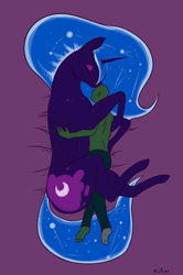 Size: 1000x1509 | Tagged: safe, artist:nivrozs, nightmare moon, oc, oc:anon, human, pony, barefoot, cuddling, eyes closed, feet, giant pony, heightmare moon, hug, human on pony snuggling, my big pony, nicemare moon, on side, pony sized pony, size difference, sleeping, snuggling