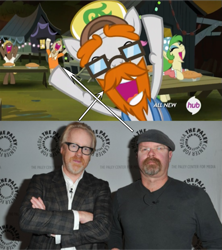 Size: 639x721 | Tagged: safe, savage honeydew, somepony to watch over me, adam savage, cajun ponies, hub logo, jamie hyneman, jeff trotsworthy, look-alike, mind blown, mythbusters