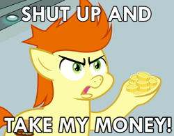 Size: 500x389 | Tagged: safe, artist:cheezedoodle96, gallop j. fry, pony, background pony, caption, colt, futurama, male, meme, philip j. fry, reaction image, shut up and take my money, solo, vector