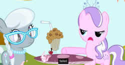 Size: 1600x830 | Tagged: safe, screencap, diamond tiara, silver spoon, pinkie pride, failure, meme, milkshake, youtube caption