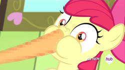 Size: 800x450 | Tagged: safe, edit, edited screencap, screencap, apple bloom, somepony to watch over me, all new, censored, hoof in mouth, hub logo, mosaic censor, out of context, unnecessary censorship