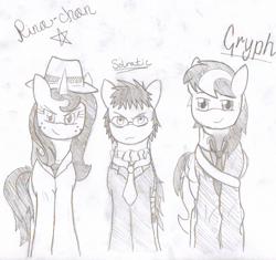 Size: 1183x1110 | Tagged: safe, artist:solratic, oc, oc only, oc:blackgryph0n, earth pony, pegasus, pony, unicorn, blackgryph0n, clothes, monochrome, ponysona, rina, rina-chan, signatures, sketch, solratic, suit