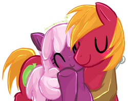 Size: 970x770 | Tagged: safe, artist:acrylicp, big macintosh, cheerilee, earth pony, pony, blushing, cheerimac, eyes closed, male, shipping, smiling, stallion, straight