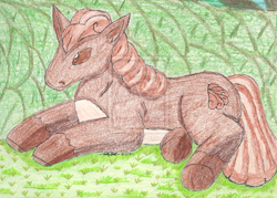 Size: 900x644 | Tagged: safe, artist:farcrydreamer, field, pokémon, ponified, solo, traditional art, vulpix, watermark