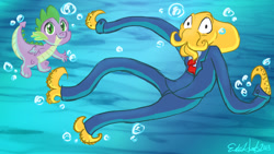 Size: 1366x768 | Tagged: safe, artist:peanutfilbert, spike, dragon, crossover, male, octodad