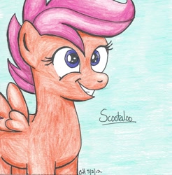 Size: 1170x1188 | Tagged: safe, artist:thepurpleparadox, scootaloo, pegasus, pony, female, solo, traditional art