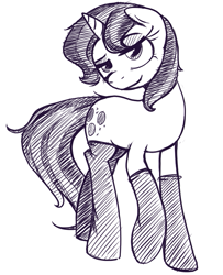 Size: 603x744 | Tagged: safe, artist:inlucidreverie, oc, oc only, oc:glimmerlight, pony, unicorn, fallout equestria, fallout equestria: murky number seven, bedroom eyes, clothes, female, long tail, mare, monochrome, socks, solo