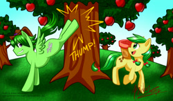 Size: 1200x700 | Tagged: safe, artist:hinata-teh-lefty, apple fritter, oc, pony, apple family member