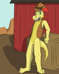 Size: 1280x1600 | Tagged: safe, artist:fuzebox, braeburn, dragon, semi-anthro, belly button, box, clothes, cowboy hat, crate, dragonified, hat, horn, solo, species swap, teenaged dragon, vest